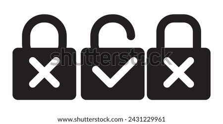 Lock and unlock check mark and cross mark icon. . Open and closed padlock. Protection and security lock. Vector illustration.