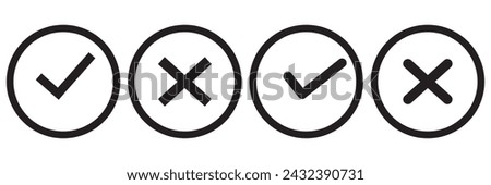 Checkmark x mark icon. Green checkmark and red x sign. Correct error vector symbol isolated on white background. Vote checkmark in circle and square