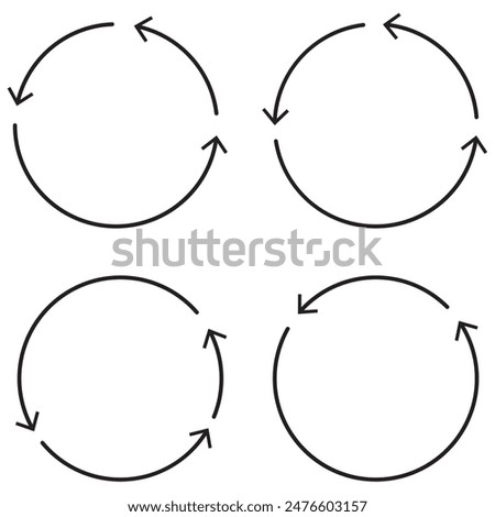 Vector group of circular arrows. Round repeat icons. Redo and reload symbol. Stock image.