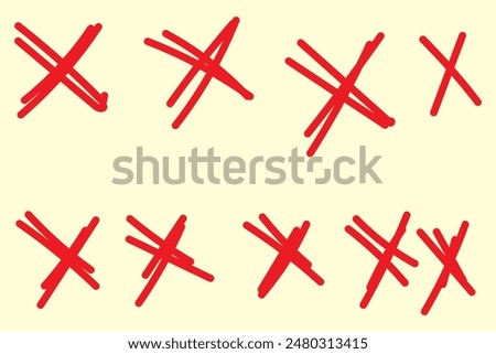 X scribble cross marks in black ink. Vector set of grunge error or cancellation symbols. Isolated rough, brush strokes, incorrect rejection icons, monochrome sketch cancellation or removal signs