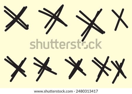 X scribble cross marks in black ink. Vector set of grunge error or cancellation symbols. Isolated rough, brush strokes, incorrect rejection icons, monochrome sketch cancellation or removal signs