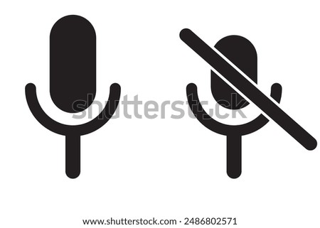 Mic on and mic off icon set in black and white color with shadows. Microphone on and microphone off in black. Microphone mute icon - Vector Icon


