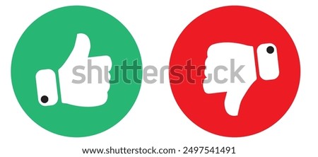 Like and dislike symbol set in green and red circle. Thumbs up and down flat icon set in white color. Rating and feedback Thumbs-Up and Thumbs-down icon set isolated on white background.