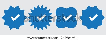 Badge check icon. Verify icon stamp. Blue flat star shape stickers. Verified badge profile set. Social media account verification icons . Isolated check mark. Guaranteed signs. Vector illustration.