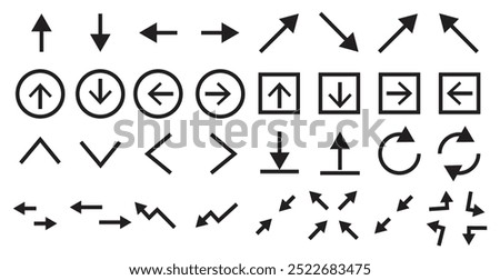  outline web arrows icons such as up arrow, left arrow, shuffle, right arrow, distribute spacing vertical, bottom left, top left, up down vector thin line icons for web design, mobile app.