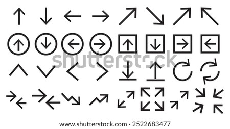  outline web arrows icons such as up arrow, left arrow, shuffle, right arrow, distribute spacing vertical, bottom left, top left, up down vector thin line icons for web design, mobile app.