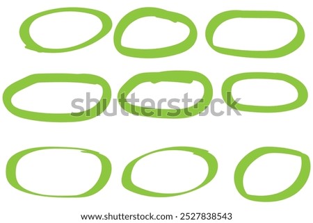 Hand drawn ovals and circles set. Ovals of different widths. Highlight circle frames. Ellipses in doodle style. Set of vector illustration isolated on transparent background.