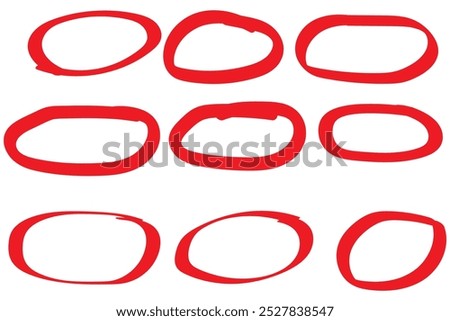 Hand drawn ovals and circles set. Ovals of different widths. Highlight circle frames. Ellipses in doodle style. Set of vector illustration isolated on transparent background.