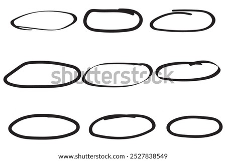 Hand drawn ovals and circles set. Ovals of different widths. Highlight circle frames. Ellipses in doodle style. Set of vector illustration isolated on transparent background.