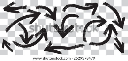 Various bold brush drawn curved arrows. Collection doodle marker thick arrows in different directions. Hand drawn vector direction pointers. Curved and wavy brush strokes with scratches.