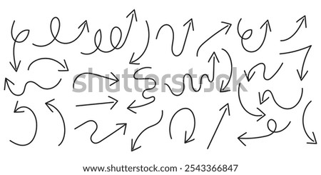 Large set of thin arrows of different shapes, drawn by hand. Vector illustration of simple pointer symbols - connections for infographics, presentation, social networks.