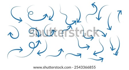 Large set of thin arrows of different shapes, drawn by hand. Vector illustration of simple pointer symbols - connections for infographics, presentation, social networks.