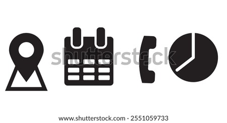 Address time date icons set. Address location icon. Stopwatch timer icon. Date Calendar icon. Black line and flat web icons.