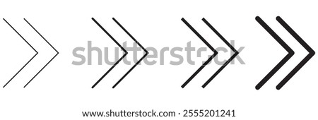 Set of black chevron arrows of different thickness. Ornament with repeated V shaped stripes. Pointer, road caution, military, navigation signs isolated on white background. Vector flat illustration