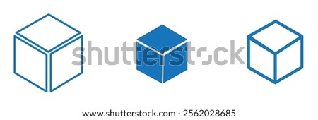 Cube icons set. Three-dimensional shape in flat, linear and dotted styles. 3D square isolated - stock vector.