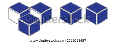 Cube icons set. Three-dimensional shape in flat, linear and dotted styles. 3D square isolated - stock vector.