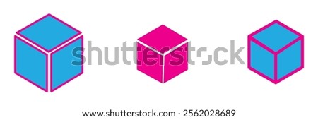 Cube icons set. Three-dimensional shape in flat, linear and dotted styles. 3D square isolated - stock vector.