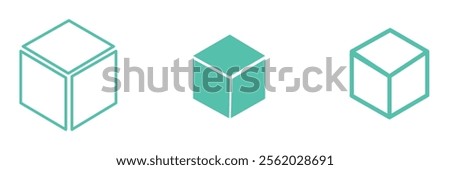 Cube icons set. Three-dimensional shape in flat, linear and dotted styles. 3D square isolated - stock vector.