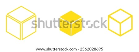 Cube icons set. Three-dimensional shape in flat, linear and dotted styles. 3D square isolated - stock vector.