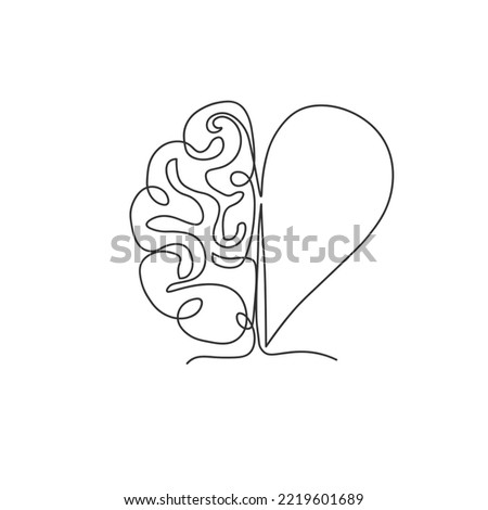 One continuous line drawing of half human brain and love heart shape logo icon