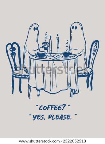 Two Ghosts Having Coffee Downloadable Humorous Halloween Wall Art, Minimal Halloween Office Wall Art, Ghouls Coffee Corner Wall Decor