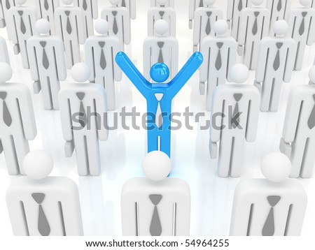 3d image,one business man hands up in crowd.