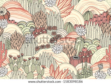 Cacti and succulents on outdoor, floral landscape, seamless pattern, environment. Vector hand drawn illustration in vintage style, colorful print.