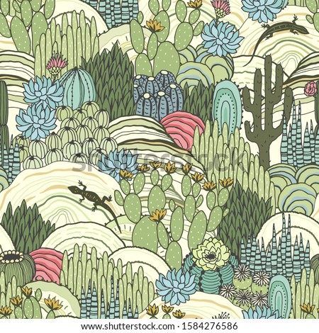 Cacti, succulents and lizards on outdoor, floral landscape, seamless pattern, environment. Vector hand drawn illustration in vintage style, colorful print.