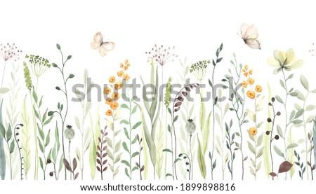 Floral seamless horizontal border with abstract yellow flowers, green leaves and plants, flying butterflies. Watercolor isolated pattern on white background, panoramic illustration summer meadow.