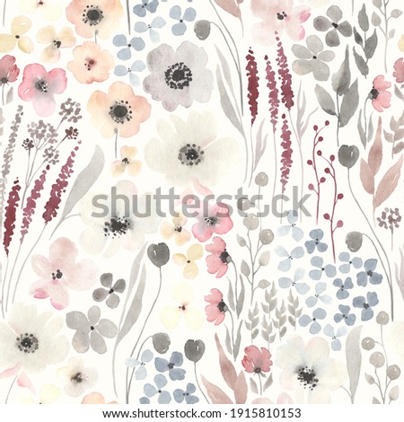 Floral seamless pattern with abstract flowers on ivory background. Watercolor illustration blossoming meadow in vintage rustic style.