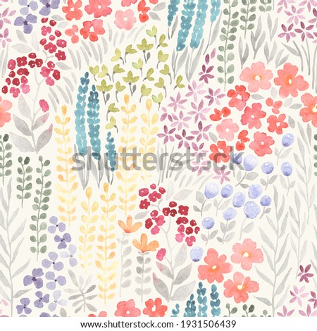 Meadow with flowers, floral seamless pattern of watercolor colorful wildflowers on ivory background, abstract ornament.