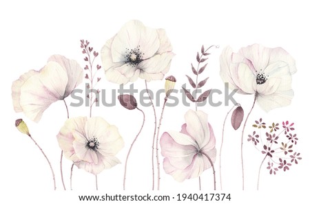 Floral card with delicate poppies, watercolor isolated illustration flowers and branches, border, banner, template for invitation or greeting card.