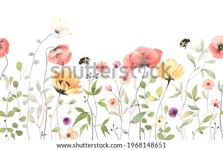 Floral summer horizontal pattern with colorful wildflowers, flying bumblebee and butterfly. Watercolor isolated illustration border, meadow or floral background for your design.