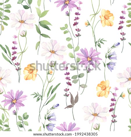 Floral seamless pattern with colorful flowers cosmos, coreopsis, bells, lavender and green leaves on branches. Delicate watercolor illustration on white background for textile or wallpapers. ストックフォト © 