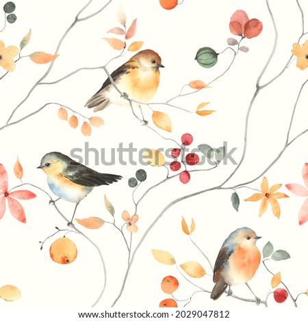 Colorful seamless floral pattern with abstract birds, flowers, leaves and berries. Watercolor garden print, textile or wallpapers with design abstract elements isolated on ivory background.
