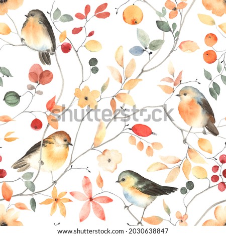 Wildlife abstract pattern, colorful seamless print with birds, flowers, leaves and berries on tree branches. Watercolor autumn illustration on white background.