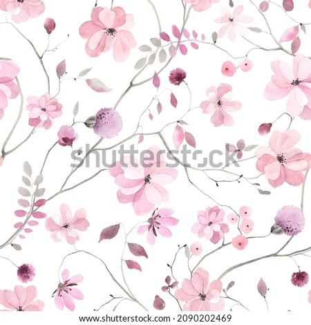 Spring seamless pattern with abstract blossom tree with delicate pink flowers and buds, watercolor illustration isolated on white background, floral print for fabric, wallpapers or wrapping paper. Photo stock © 