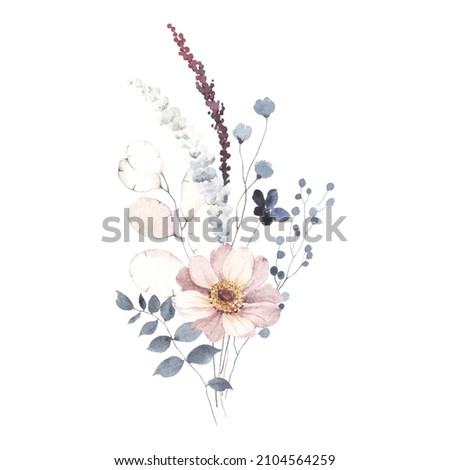 Bouquet with delicate flower and abstract blue and purple branches, watercolor decor isolated on white background, bouquet of wild flowers. Foto d'archivio © 