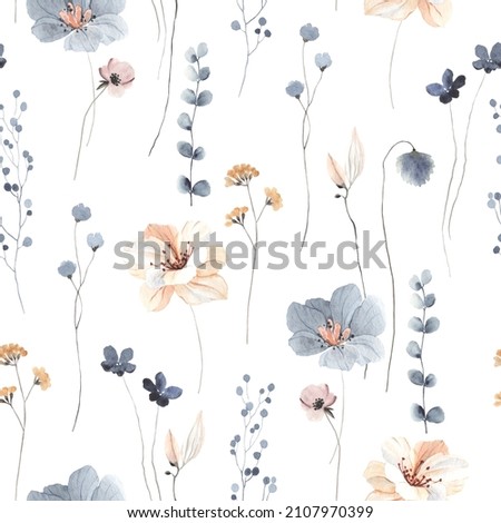 Floral seamless pattern with abstract blue and beige flowers, delicate branches and leaves. Watercolor print isolated on white background for textile or wallpapers. Photo stock © 
