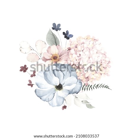 Floral decor with delicate flowers and leaves, watercolor illustration isolated on white background for invitation or greeting cards, design element in provence style. Photo stock © 