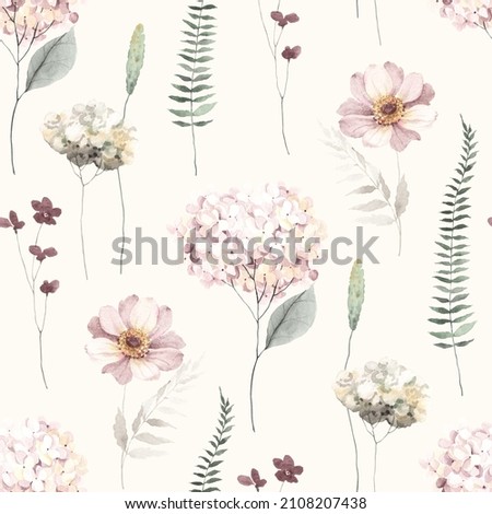 Floral seamless pattern with delicate hydrangea and green branches, watercolor illustration on ivory background, print for textile or wallpapers in provence style. Foto stock © 