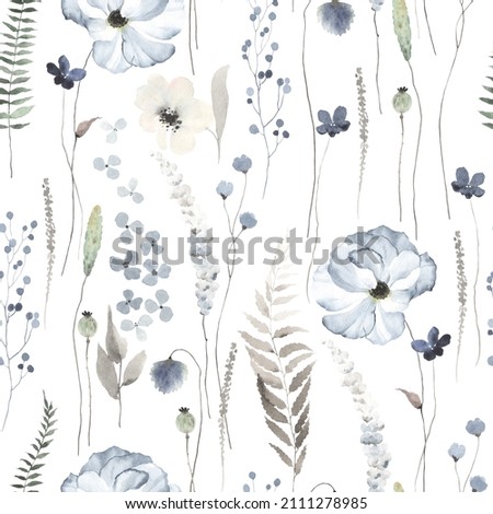 Floral seamless pattern with delicate blue flowers, plants and leaves, watercolor illustration on white background, print for textile or wallpapers, meadow texture. Foto stock © 
