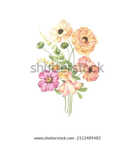Bouquet with flowers ranunculus, freesia, cosmos and green leaves, delicate watercolor illustration isolated on white background, floral decor for invitation or greeting cards. Photo stock © 