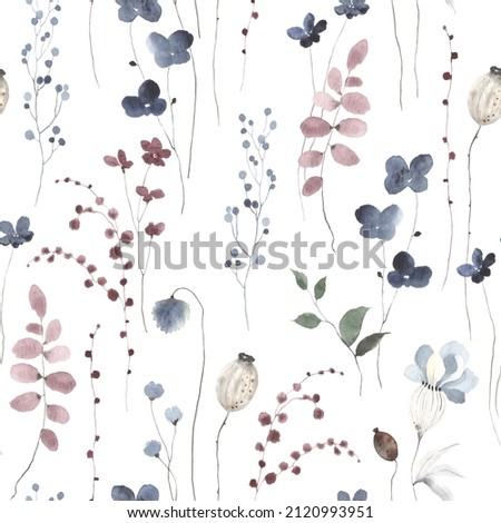 Floral seamless pattern with delicate flowers, branches and plants, watercolor illustration blue and burgundy colors for textile or wallpapers on white background.  Сток-фото © 