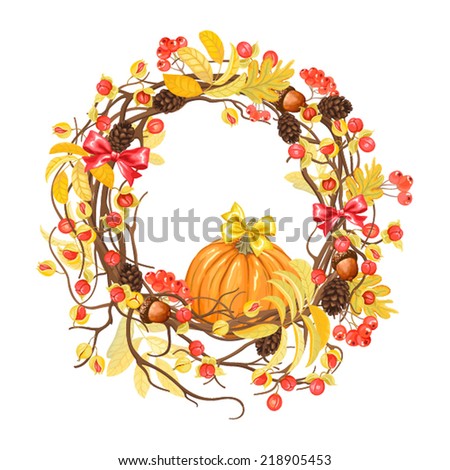 Autumn holiday wreath with pumpkin, Thanksgiving Day.