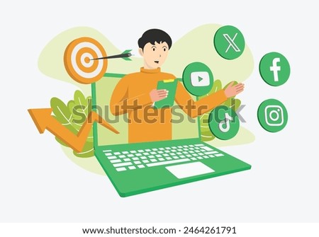 Digital marketing man talking on laptop for social media