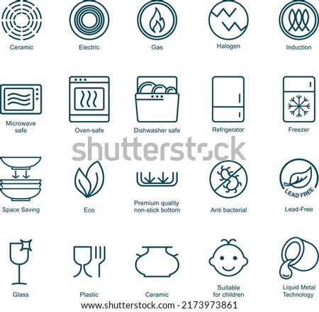 Symbols of food-grade metal indicate the properties and destination of a utensil. Properties of glass and ceramic dishes. Pottery symbols. Kitchen icon set. Thine line icons.