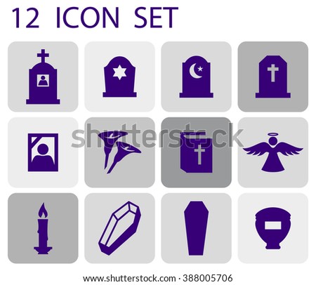 Funeral and death flat icon set. Death icons. Violet, grey and navy grey colors. Sadness, sorrow and ashes