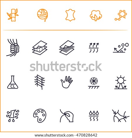 Fabric technology, properties vector icon set. Textile materials: bamboo, wool, leather, cotton, synthetics. Thine line icons. Memory foam icon, quick drying icon, sand  resistance icon, quick drying.