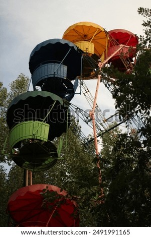 Similar – Image, Stock Photo Colourful, old, empty Ferris wheel turns between branches, twigs and trees in the closed amusement park in Plänterwald, Spreepark, Treptow, Berlin.